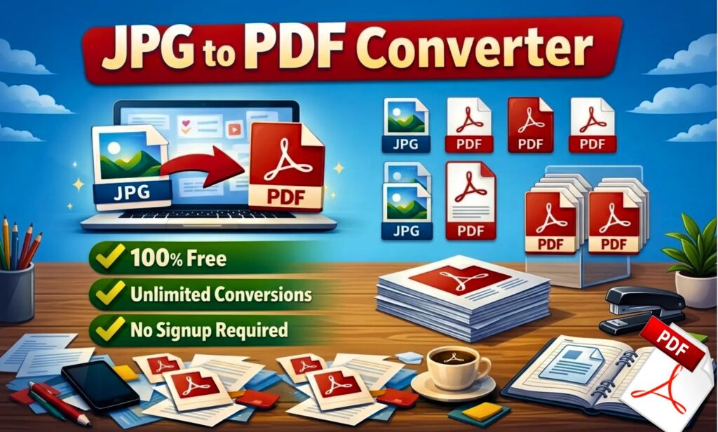 Illustration of jpgpdf.in's free online JPG to PDF converter tool on a laptop, highlighting core features like 100% free usage, unlimited conversions, and no signup required.