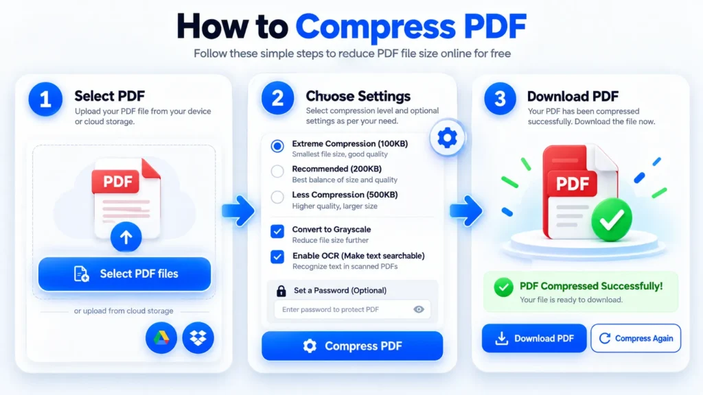 compress PDF online with simple steps to reduce PDF file size and download compressed files
