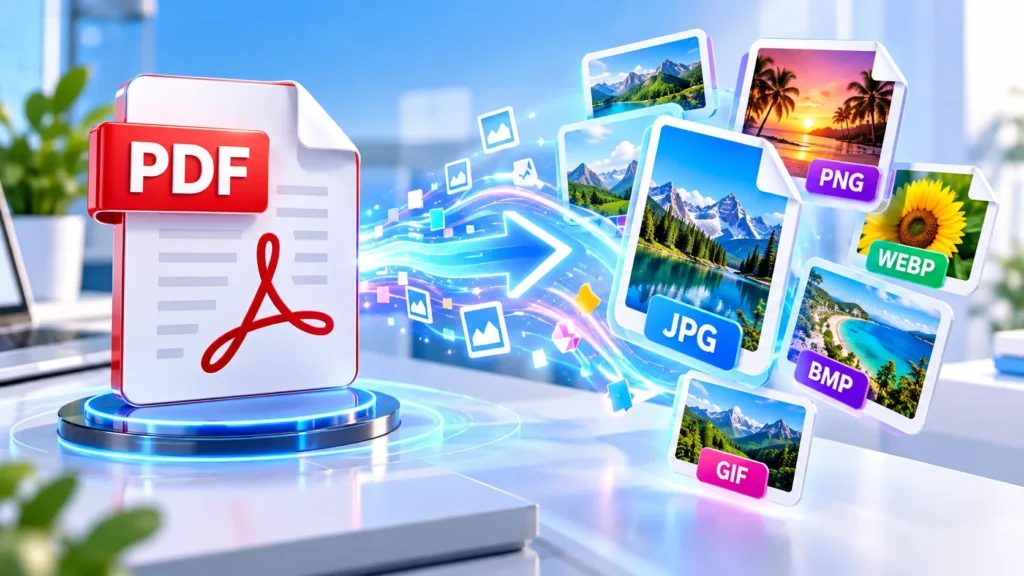 PDF to image converter showing a PDF document transforming into JPG, PNG, WEBP, BMP and GIF images
