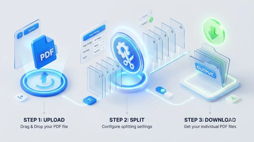split PDF tool showing the three-step process to upload, split and download individual PDF files