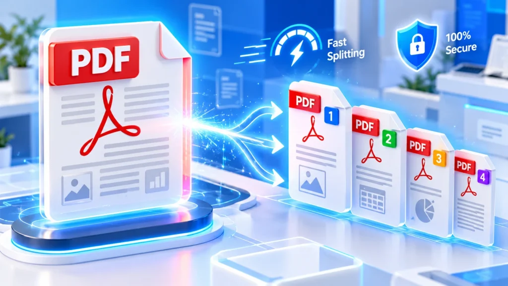 split PDF tool showing a PDF document being divided into multiple smaller PDF files
