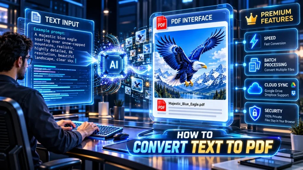 text to image – AI-powered text input to PDF conversion interface