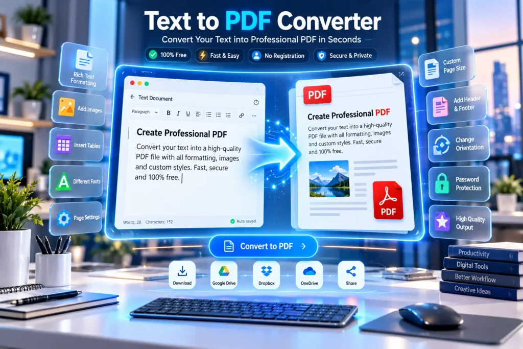 Text to PDF converter for creating professional PDF documents with formatting, images, and custom settings