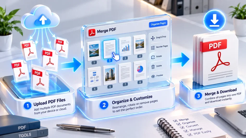 Merge PDF online by uploading, arranging, and combining multiple PDF files into one document